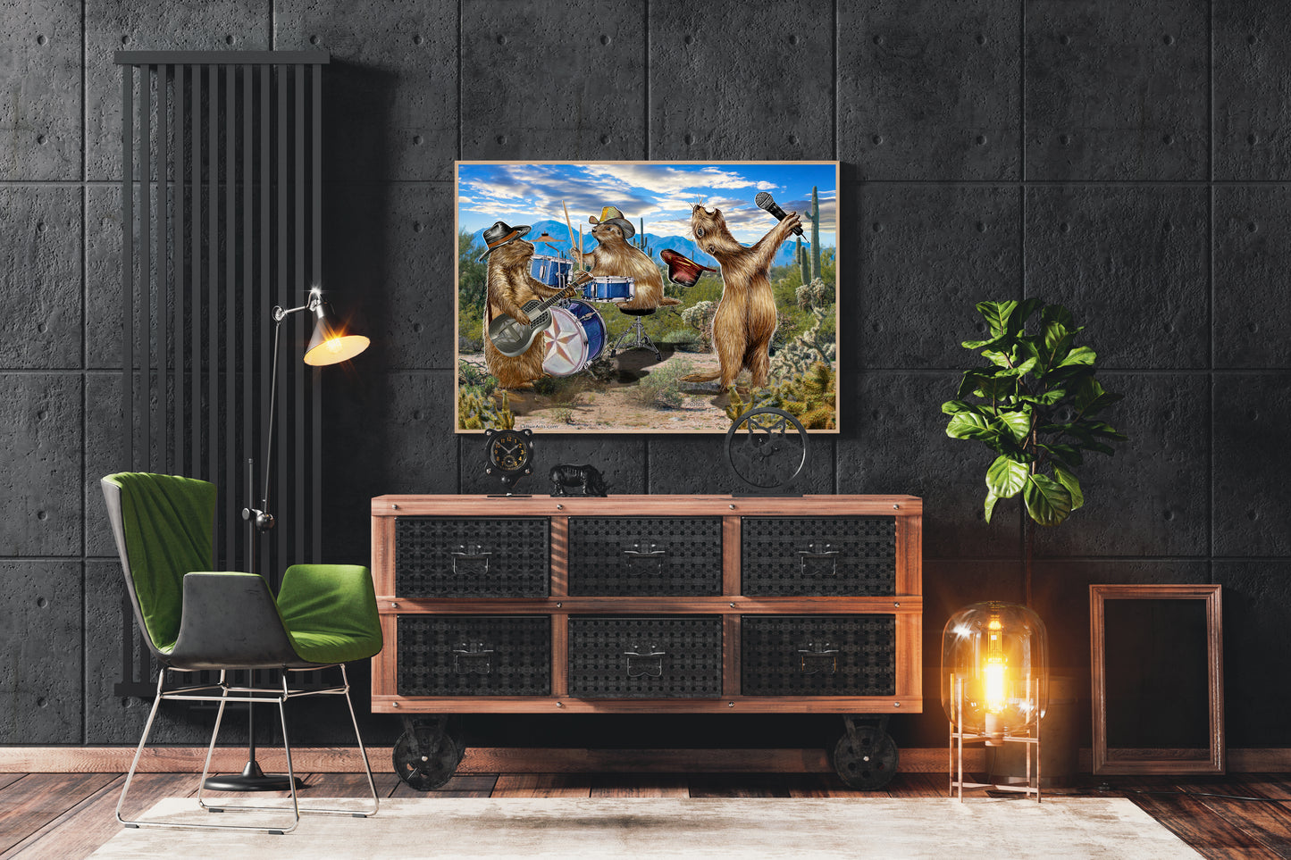 The Prairie Dogs mixed media art by Doug LaRue in a wood frame over a fancy dresser