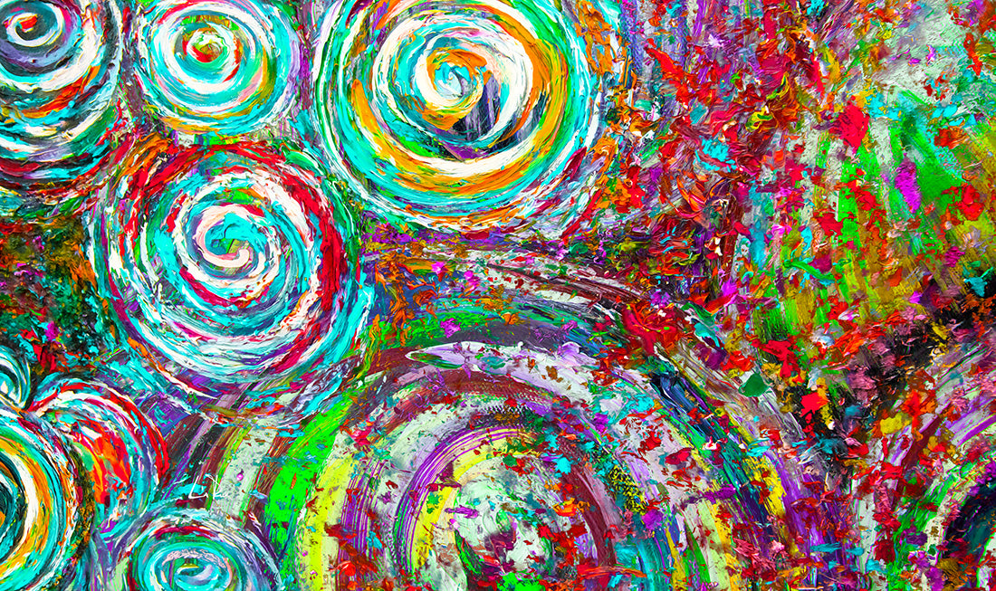 Colorful abstract painting with swirling patterns Quintescent Drum Kit by Doug LaRue