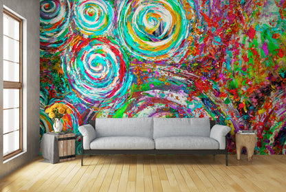 Colorful abstract wall mural in a living room with a gray sofa. Quintescent Drum Kit by Doug LaRue