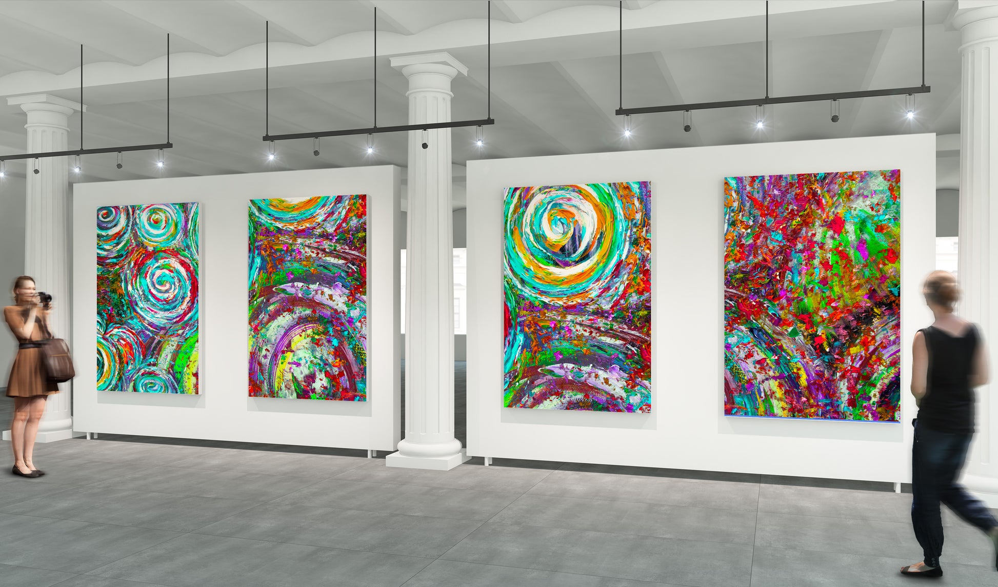 Colorful abstract paintings on display in a gallery with people observing. Quintescent Drum Kit by Doug LaRue in 4 parts