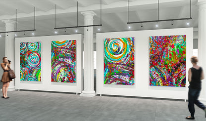 Colorful abstract paintings on display in a gallery with people observing. Quintescent Drum Kit by Doug LaRue in 4 parts