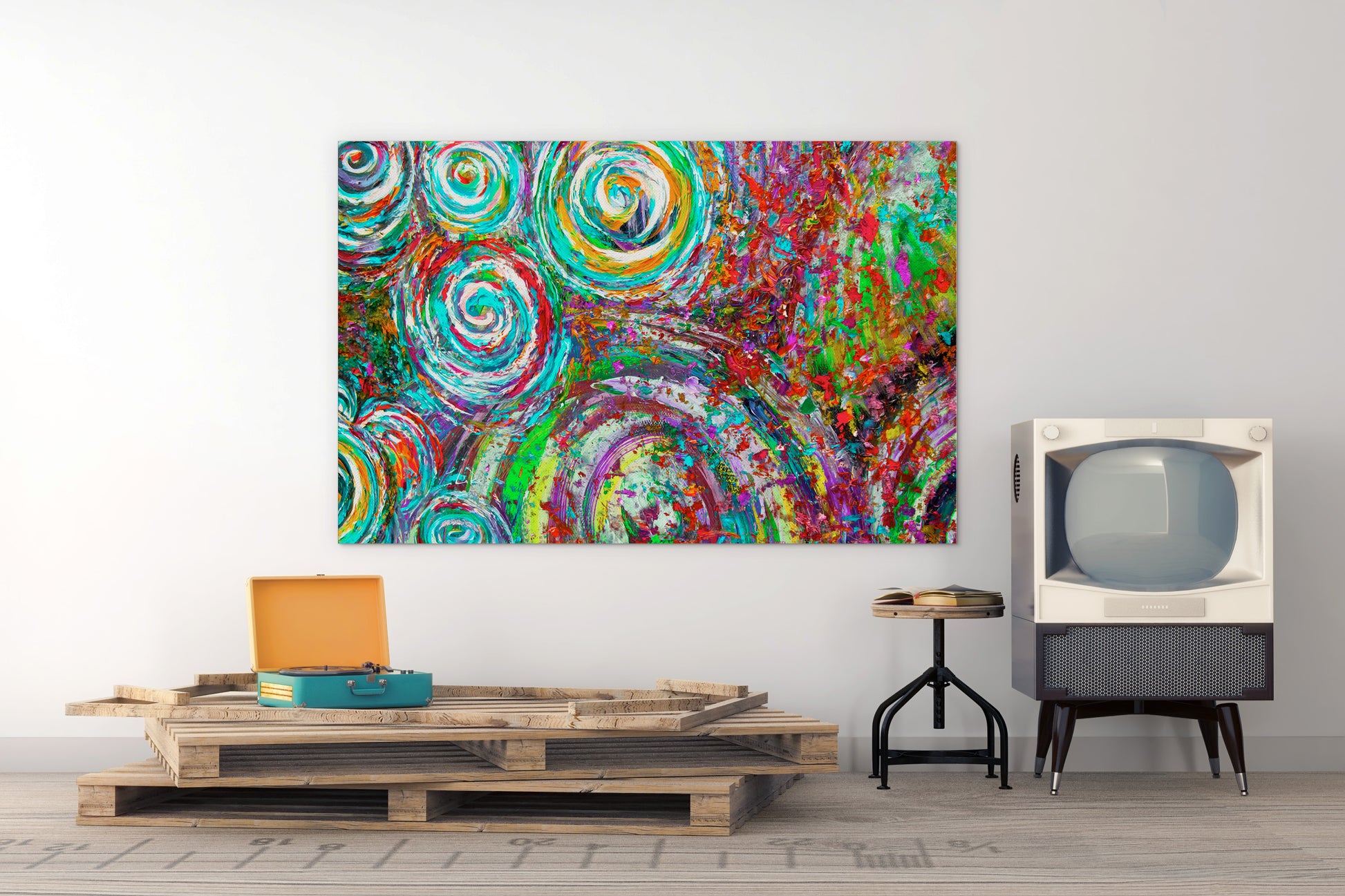 Colorful abstract painting on a wall above a wooden pallet table with a vintage television. Quintescent Drum Kit by Doug LaRue