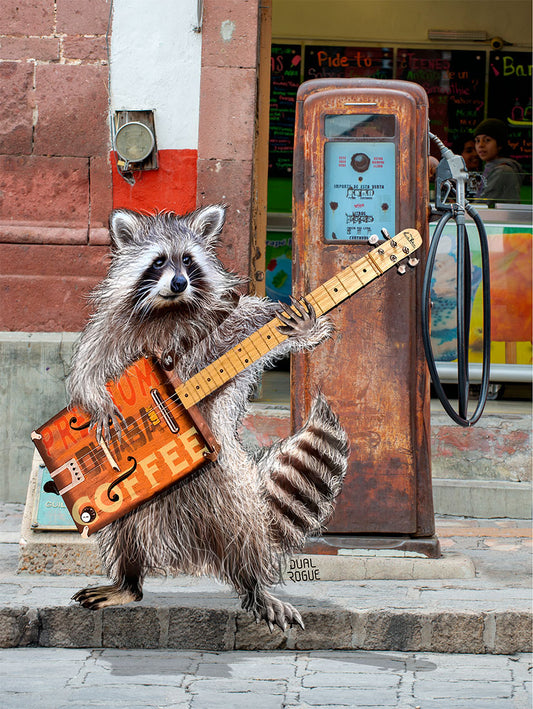 Rikki Raccoon Coffee Box Guitar Gas Pump art