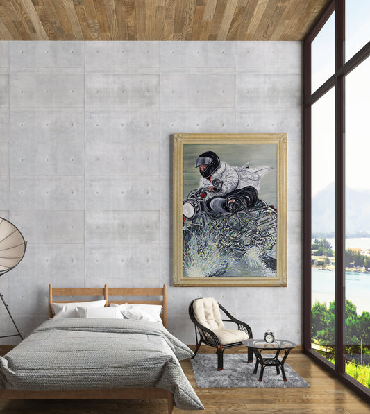 Modern bedroom with a framed artwork of a person in a in a white fur coat riding  motorcycle in the rain. Racing in the Rain, oil painting by Doug LaRue