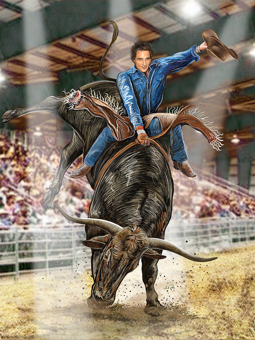 A stylized illustration of a cowboy riding a bucking bull in a rodeo arena, with a crowd in the background. The cowboy wears a blue shirt and jeans and holds a brown hat in one hand.