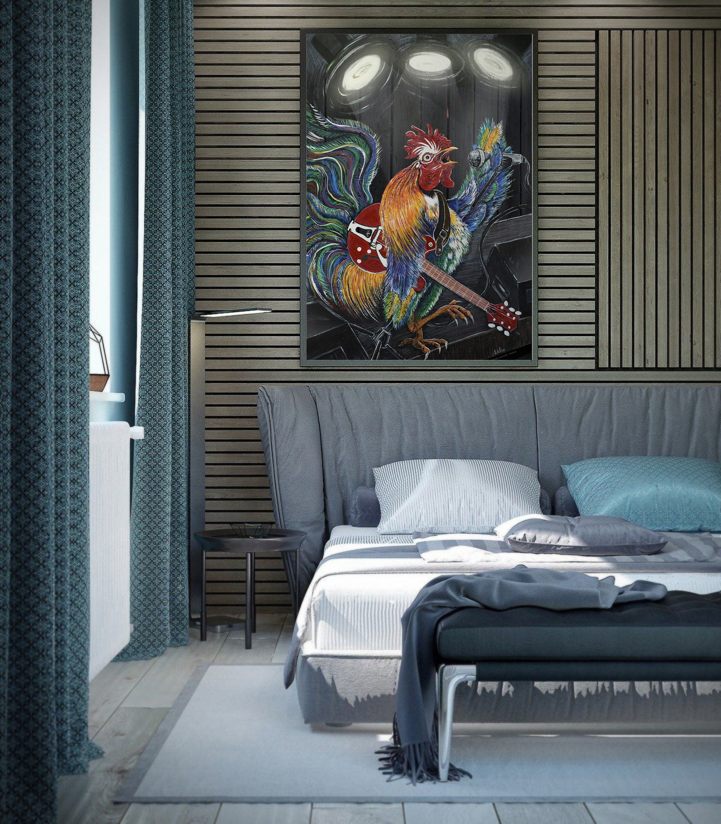 Rulin' the Roost painting by Doug LaRue on a wood panel slat wall over a bed