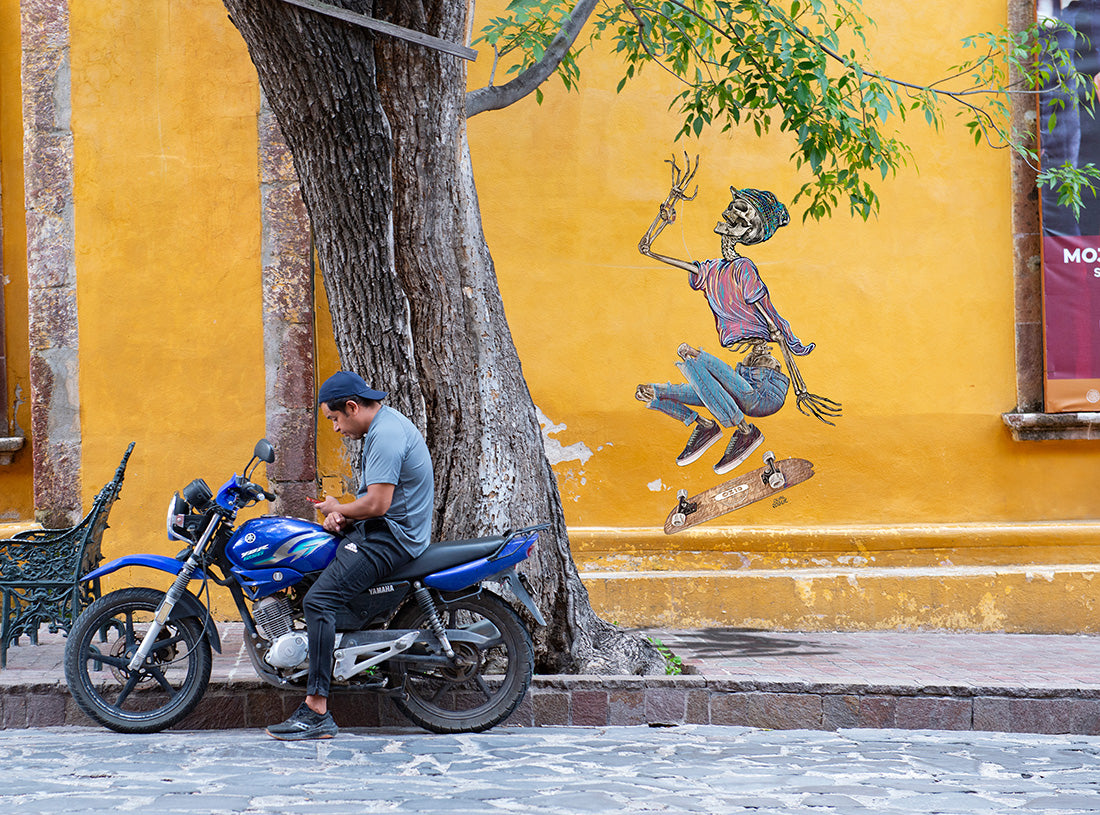 Skeleton KickFlip Street Art on a wall in San Miguel de Allende