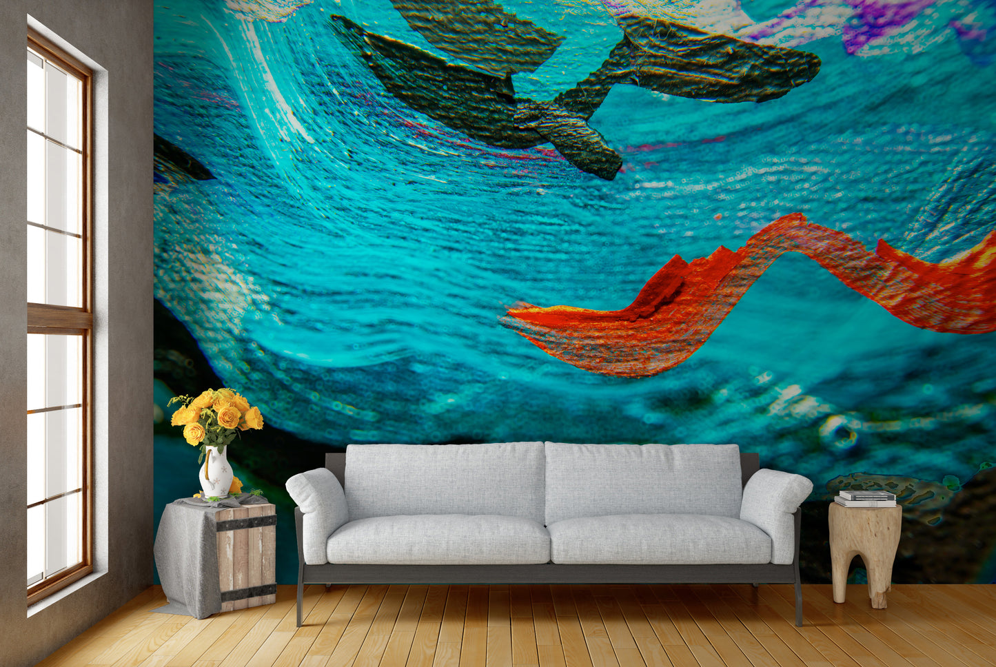 Living room with a large mural on the wall, Sea Serpents abstract art by Doug LaRue