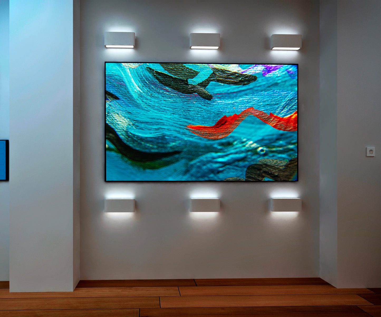 Sea Serpents abstract art by Doug LaRue on a gallery wall with special lighting