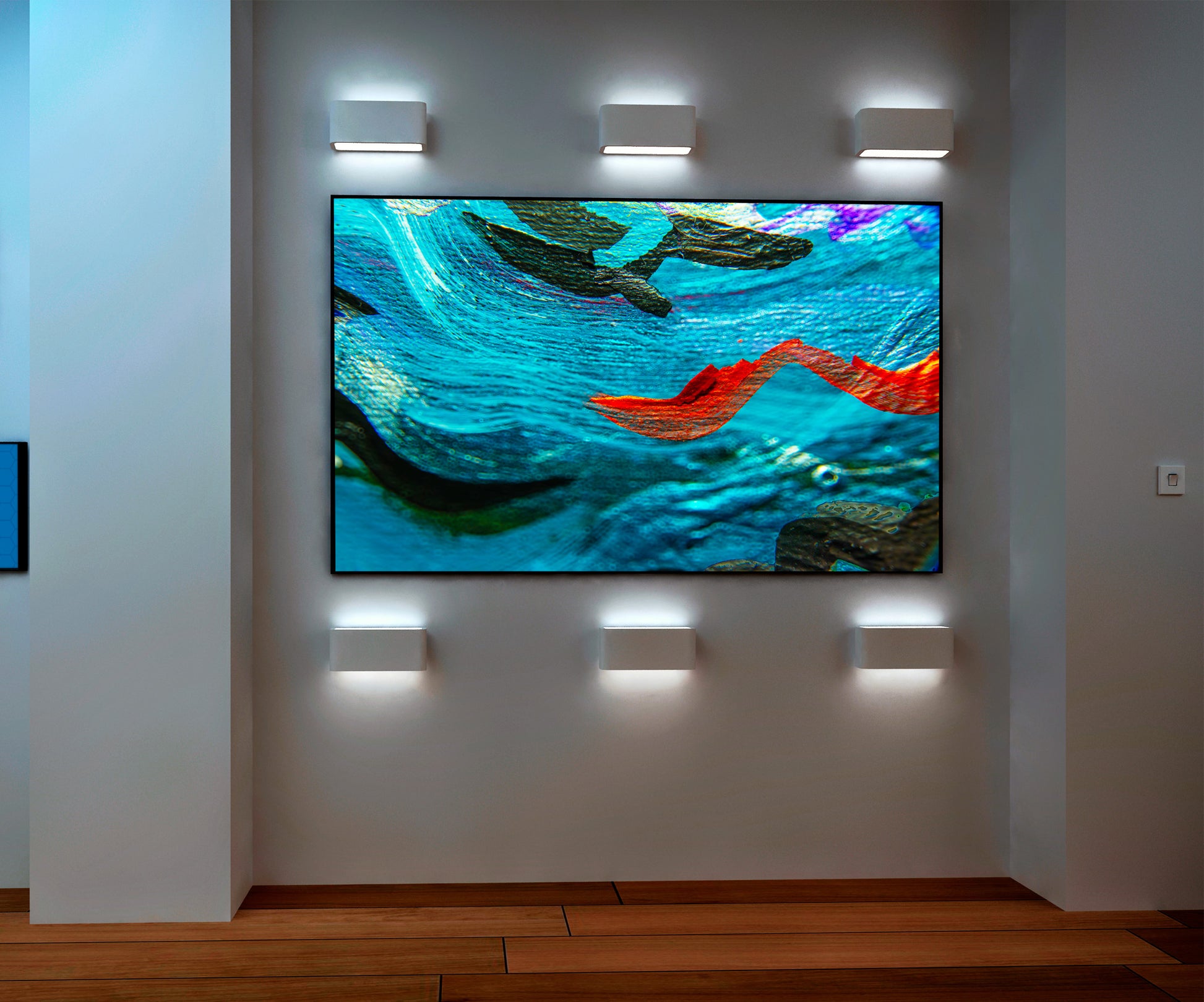 Sea Serpents abstract art by Doug LaRue on a gallery wall with special lighting
