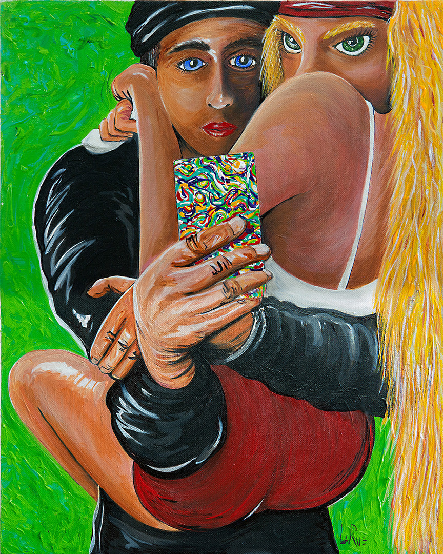 Artistic depiction of two people embraced, holding a colorful phone camera against a green background taking a selfie in a mirror