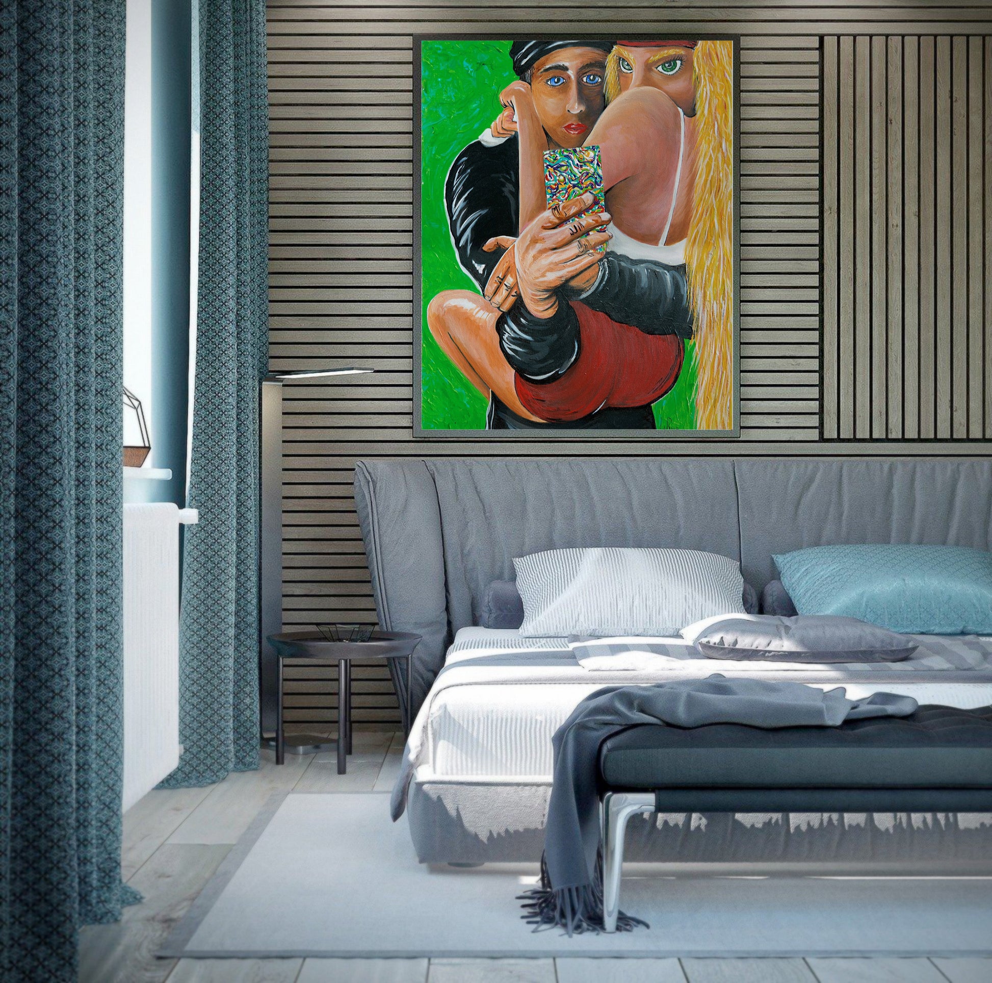 Modern bedroom with a gray sofa and abstract painting on the wall. Selfie Wrap painting by Doug LaRue