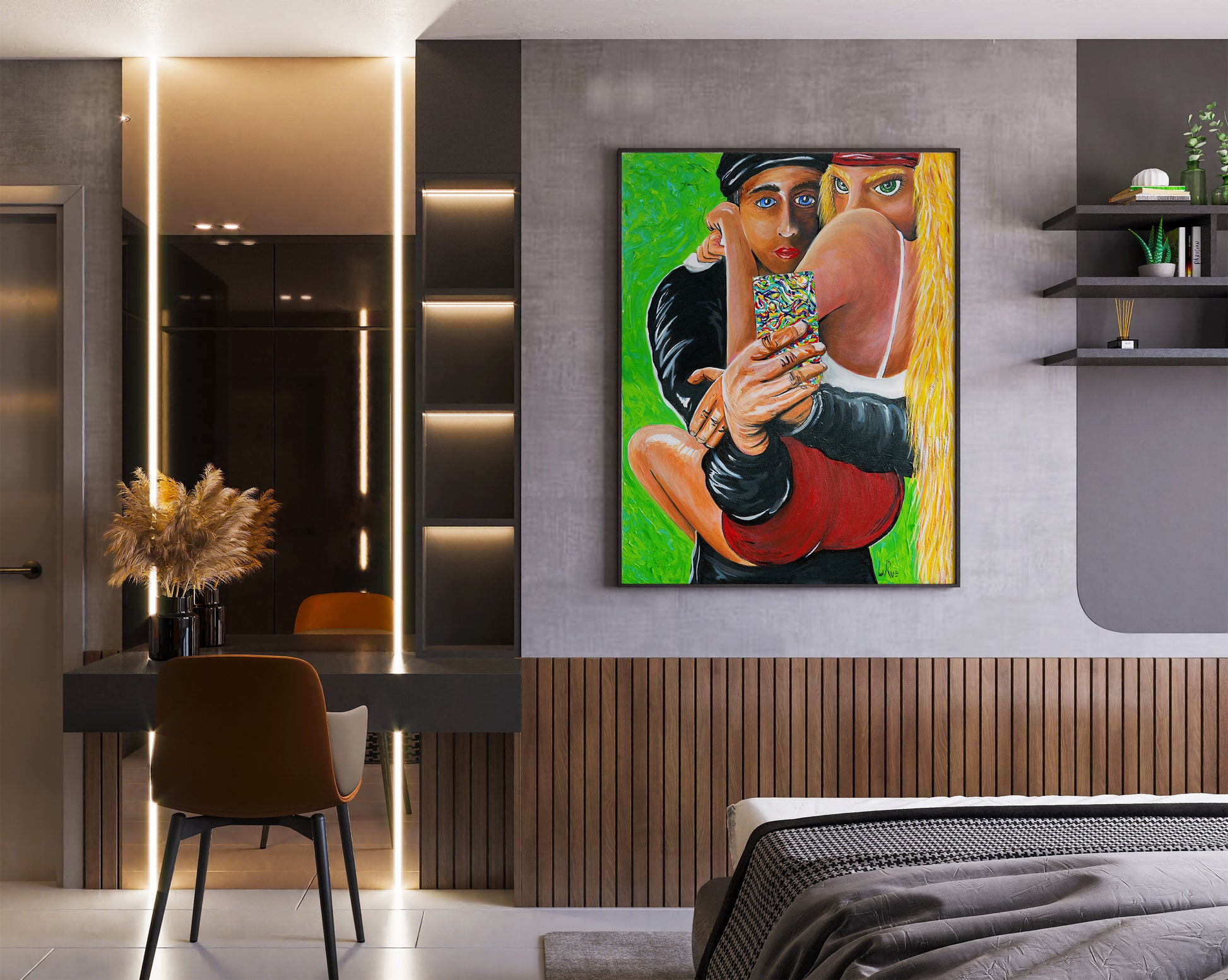 Modern bedroom with a colorful painting, Artistic depiction of two people embraced, holding a colorful phone camera against a green background taking a selfie in a mirror, Selfie Wrap painting by Doug LaRue