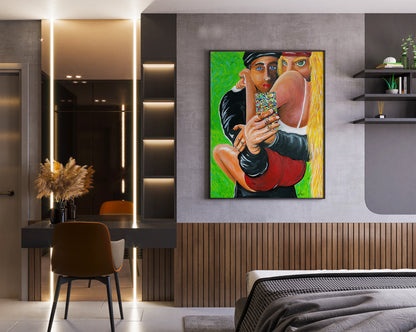 Modern bedroom with a colorful painting, Artistic depiction of two people embraced, holding a colorful phone camera against a green background taking a selfie in a mirror, Selfie Wrap painting by Doug LaRue