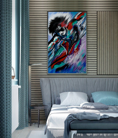 Abstract painting on a wall above a bed in a bedroom Sentient Surfer abstract art by Doug LaRue