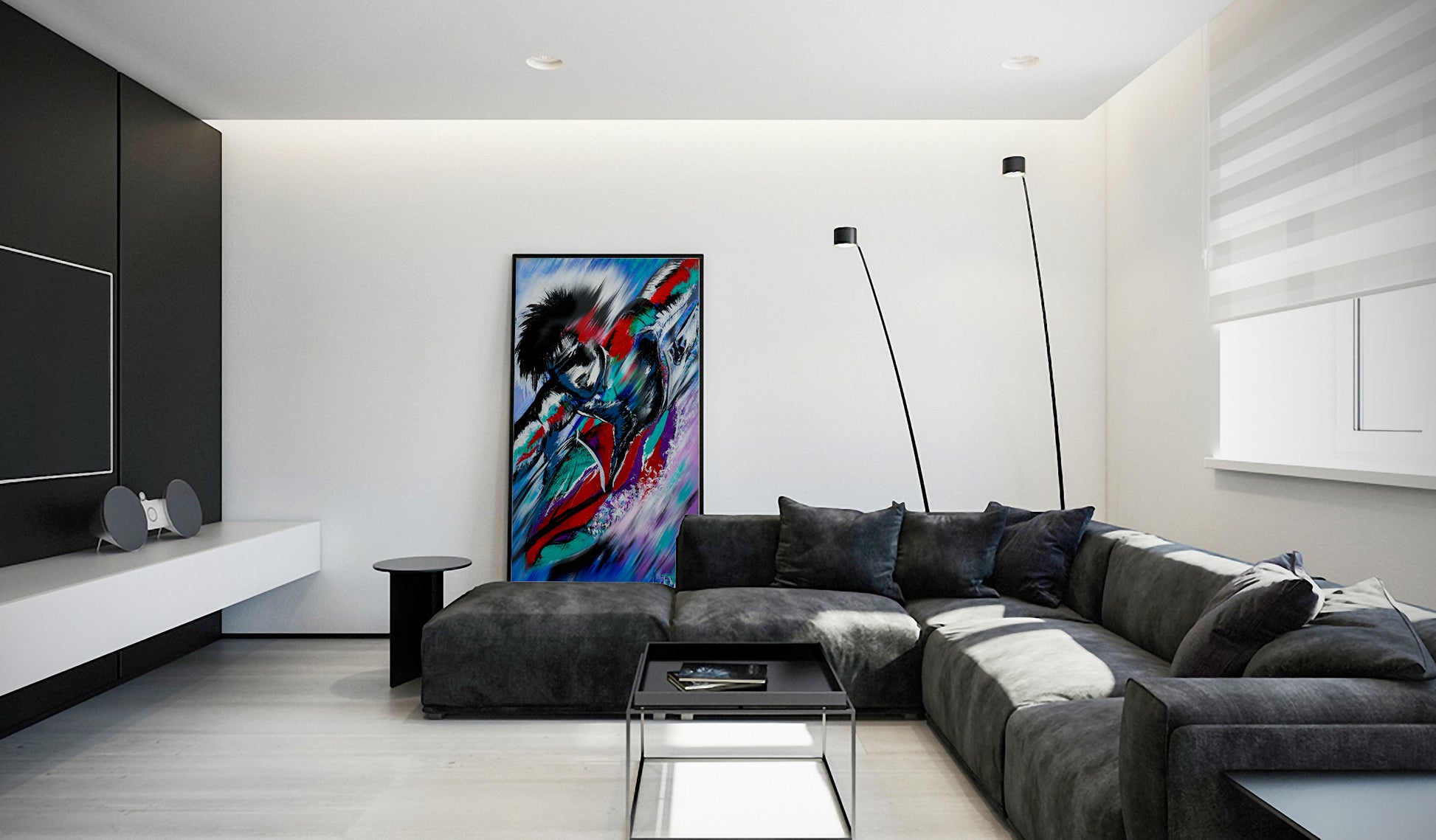 Modern living room with a gray sectional sofa, colorful abstract painting, and minimalist decor. Sentient Surfer painting by Doug LaRue
