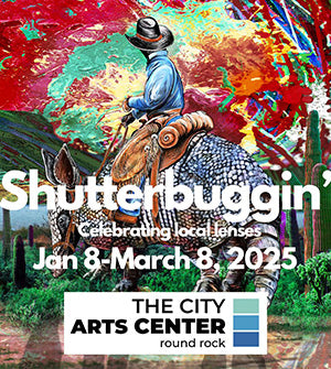 Promotional poster for 'Shutterbuggin'' event at The City Arts Center with Colorful artwork of Armadillo Cowboy Sunset by Doug LaRue in a black metal frame with a white mat.