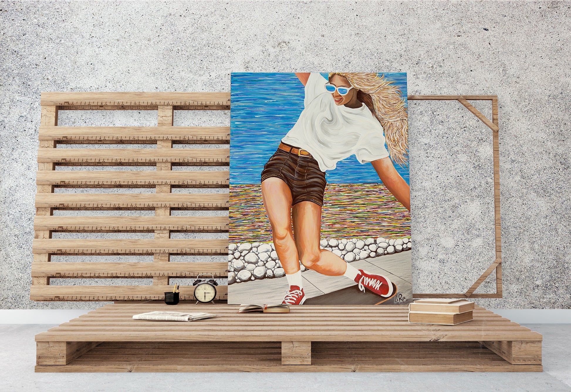 SK8 Girls Like You acrylic painting by Doug LaRue • Woman skateboarding on a wooden deck with a colorful abstract oceanside beach path learning against a concrete wall on a wood shipping crate