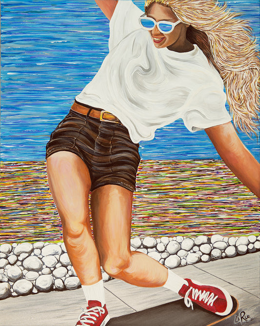 SK8 Girls Like You acrylic painting by Doug LaRue • Woman skateboarding on a wooden deck with a colorful abstract oceanside beach path