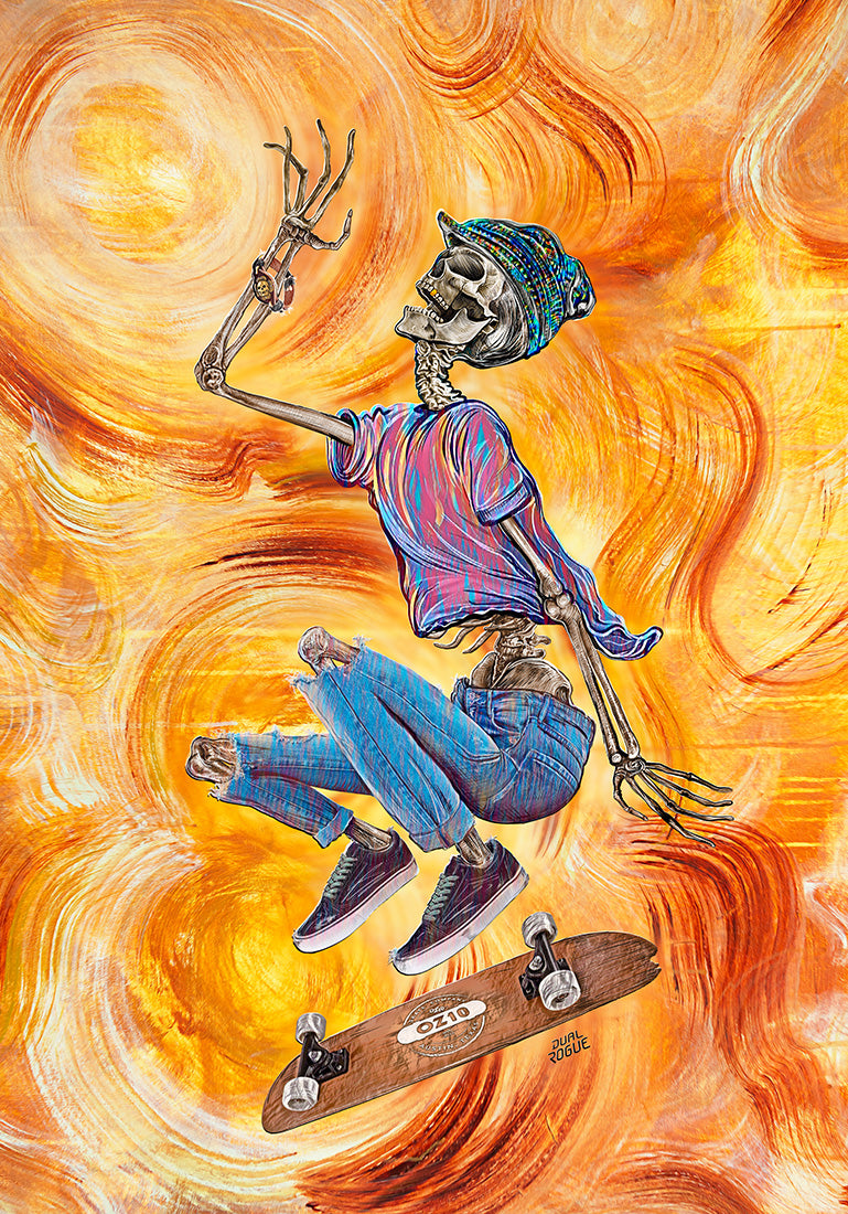 Skeleton Skateboard Kickflip Art by Dual Rogue for OZ10 Skate