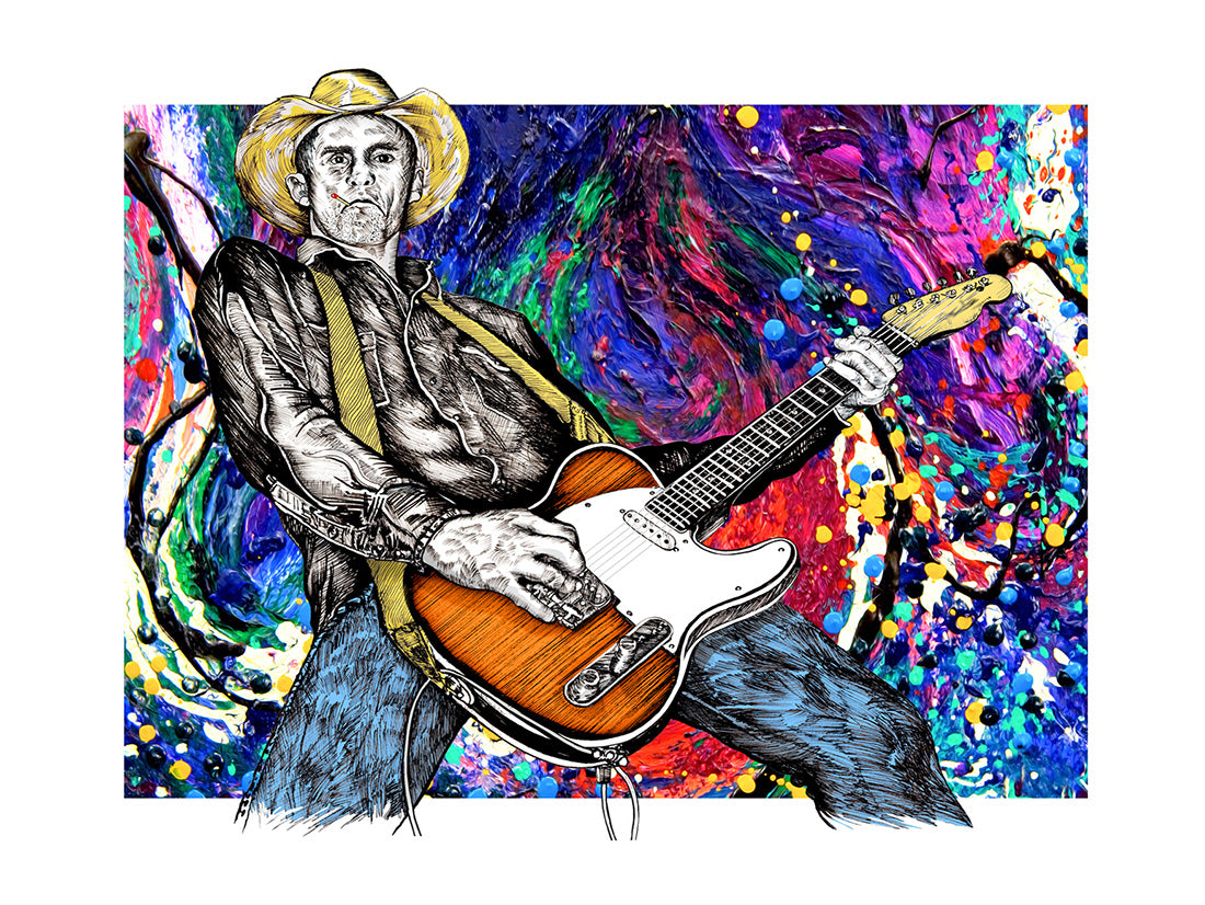 Colorful artwork of a man playing guitar with a vibrant abstract background. Slim Lawrence Embraced by Doug LaRue