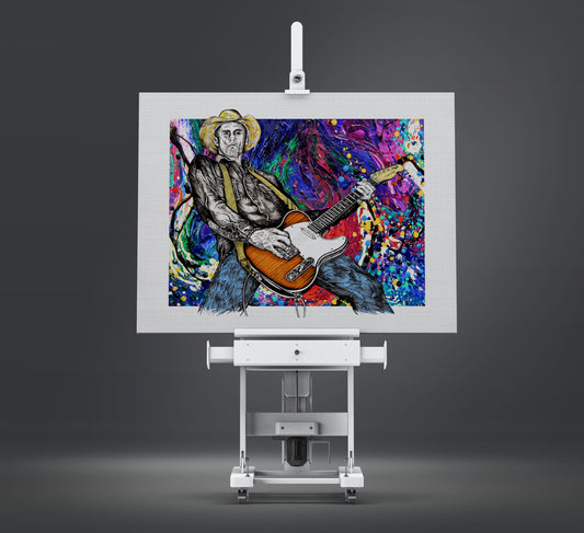 Colorful artwork of a person playing guitar on an easel against a dark background Slim Lawrence Embraced by Doug LaRue