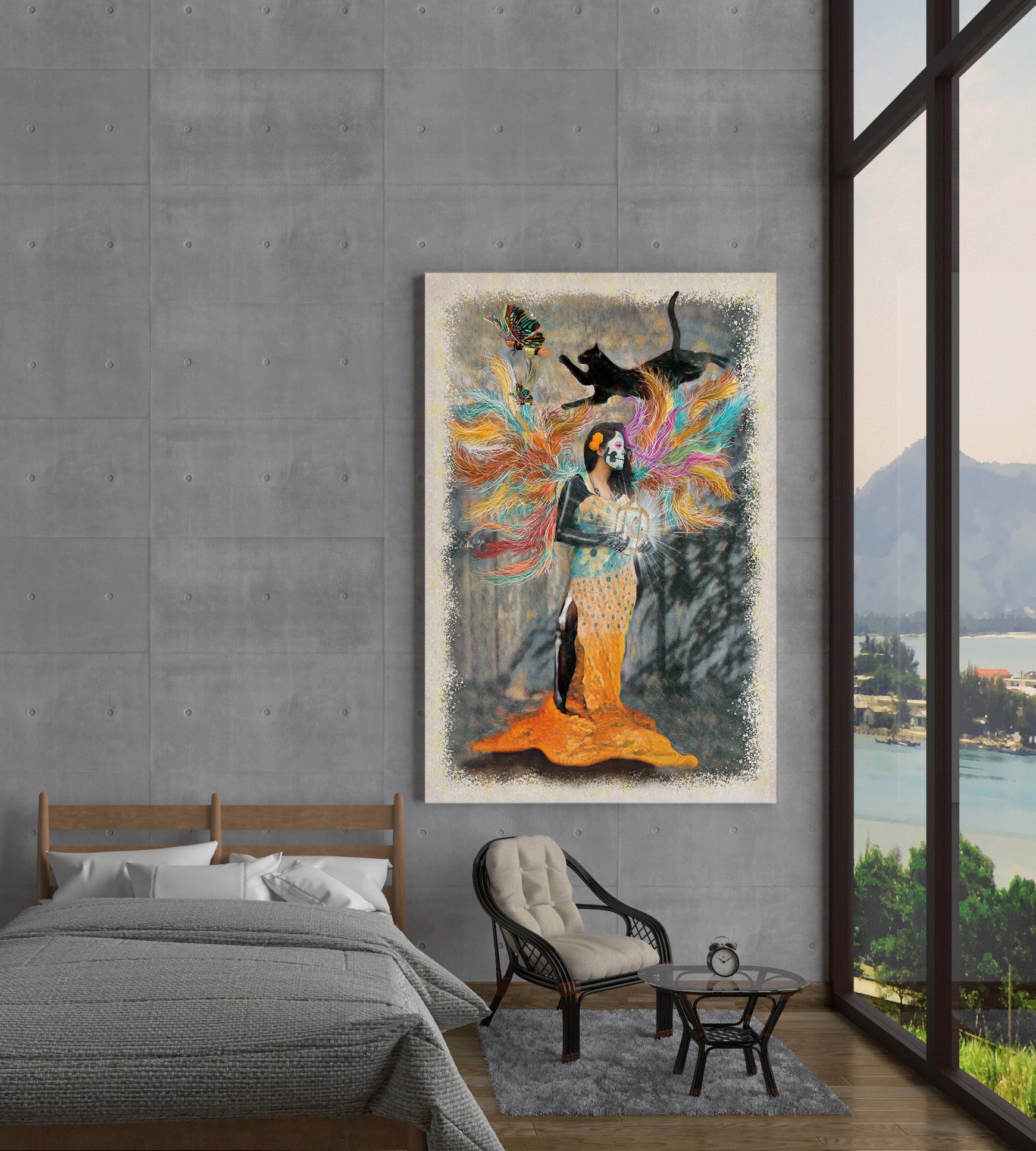 Colorful abstract painting Soul Cage Catrina bib Doug LaRue on a gray wall above a bed with a view of a lake.
