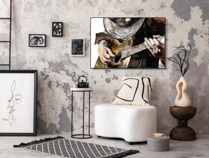 SRV Sketch b y Doug LaRue 17x25 on thick museum grade matte paper in a minimalist black metal frame on a distressed eggshell wall surrounded by modern art