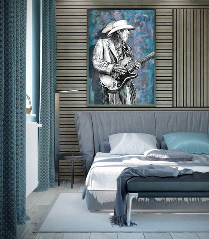 Stevie Ray Vaughan Blues mixed media art by Doug LaRue on a wood panel wall over a bed