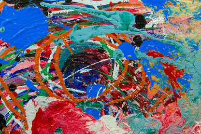 Abstract expressionist painting with thick, textured impasto brushstrokes in vibrant blue, red, orange, green, white, and black. Sweetbriar Deep Ellem b y Doug LaRue