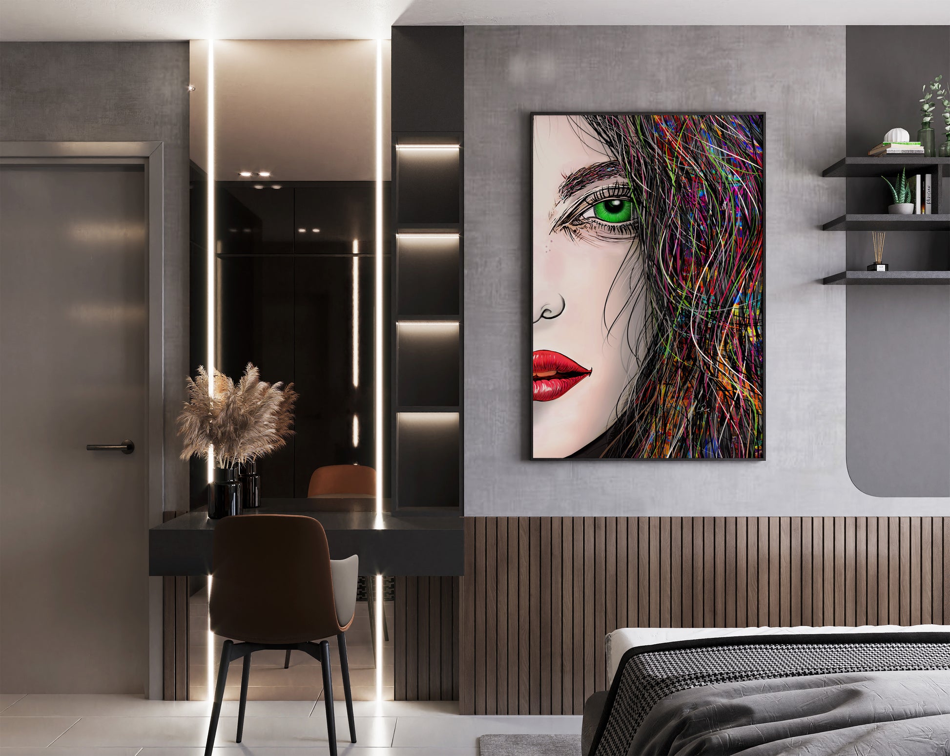 Modern bedroom with a colorful abstract painting of a face on the wall. Tara's Green Eye by Doug LaRue