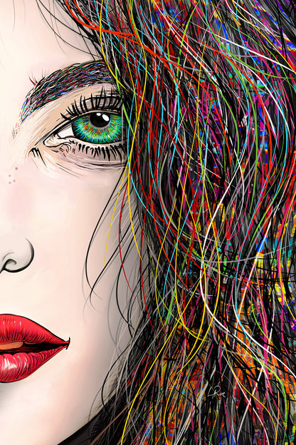 Close-up stylized portrait artwork of a woman's face with a bright green eye, red lips, and multicolored hair made of fine sketch-like lines. Tara's Green Eye by our LaRue