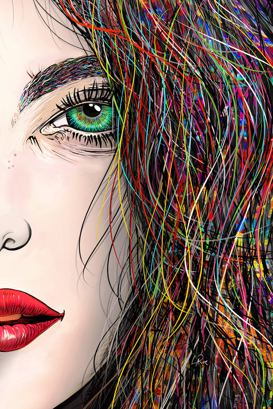 Close-up stylized portrait artwork of a woman's face with a bright green eye, red lips, and multicolored hair made of fine sketch-like lines. Tara's Green Eye by our LaRue