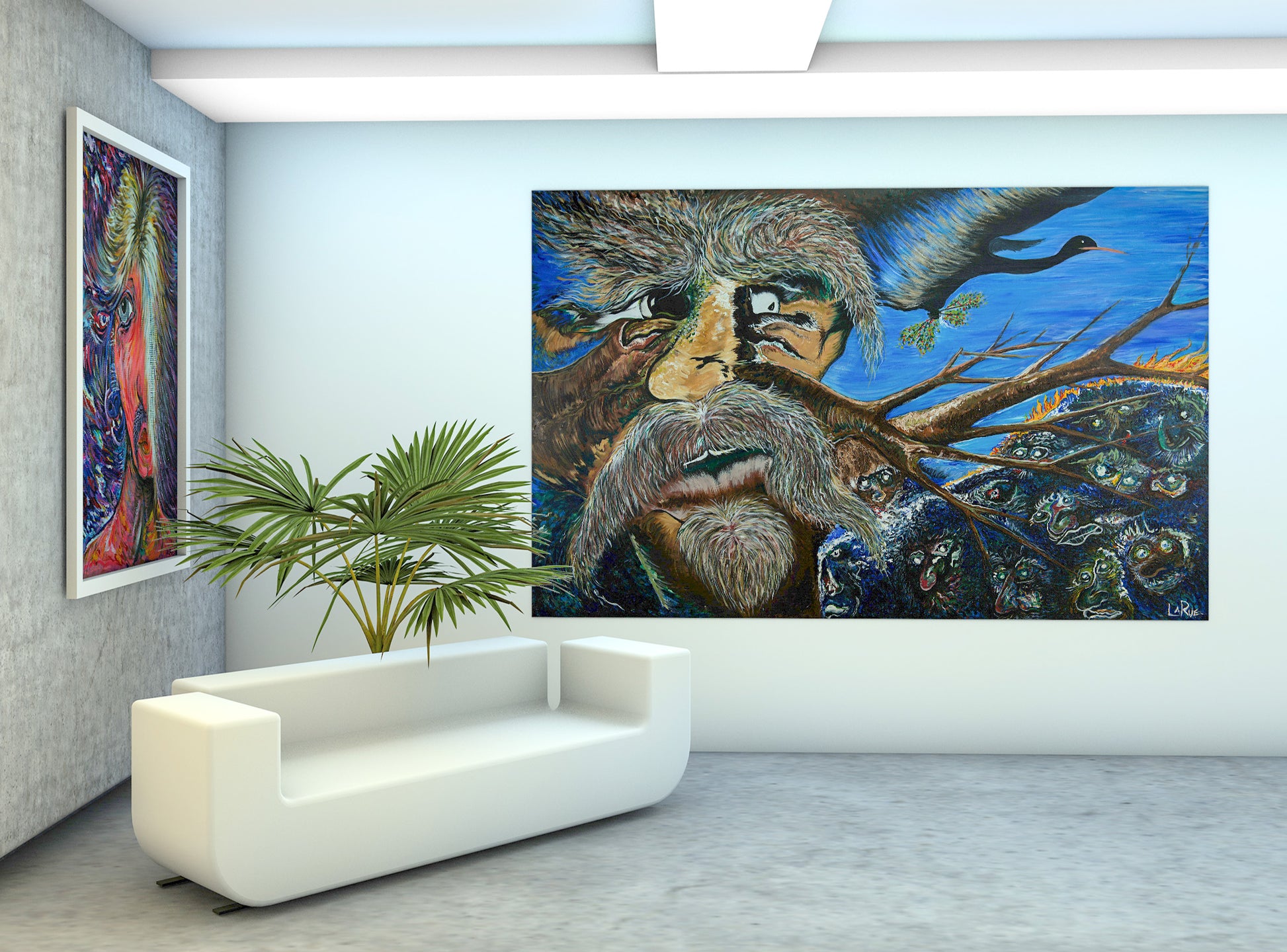 Modern art gallery interior with a large abstract painting on the wall, a white sofa, and a potted plant. Tree of Life River of Souls painting by Doug LaRue