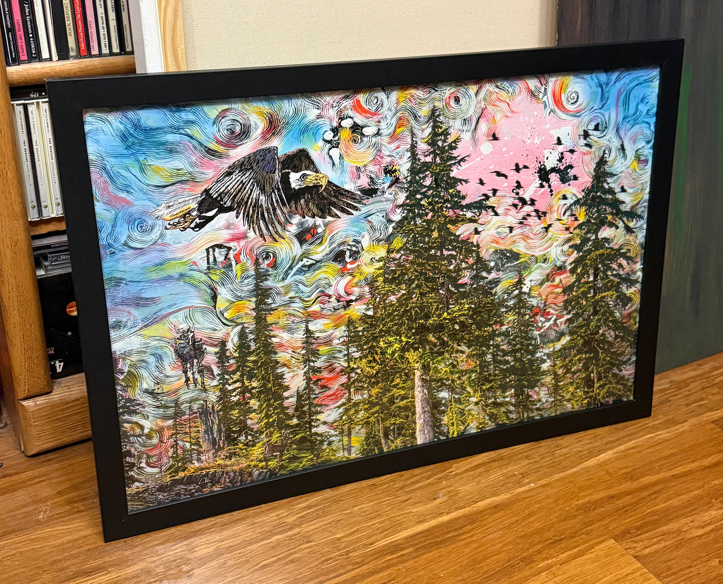 Verona Forest Eagle mixed media abstract art by Doug LaRue 16x24x1 wood frame