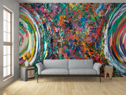 Living room with a colorful abstract wall mural and a gray sofa. Entanglement by Doug LaRue