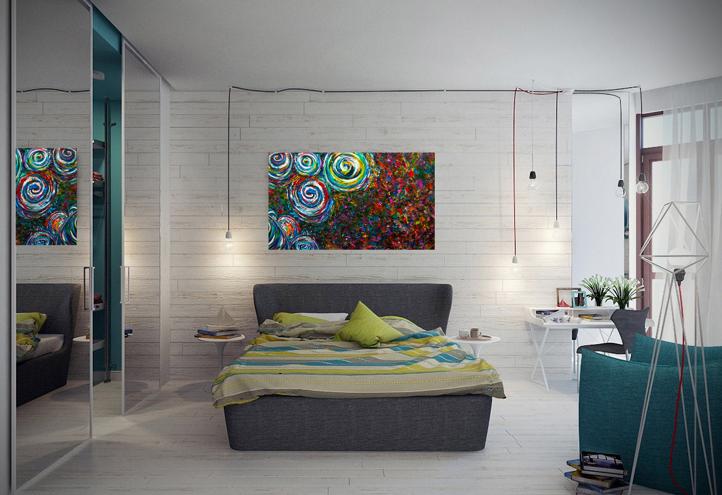 Modern bedroom with colorful abstract art on the wall. Drum Kit by Doug LaRue