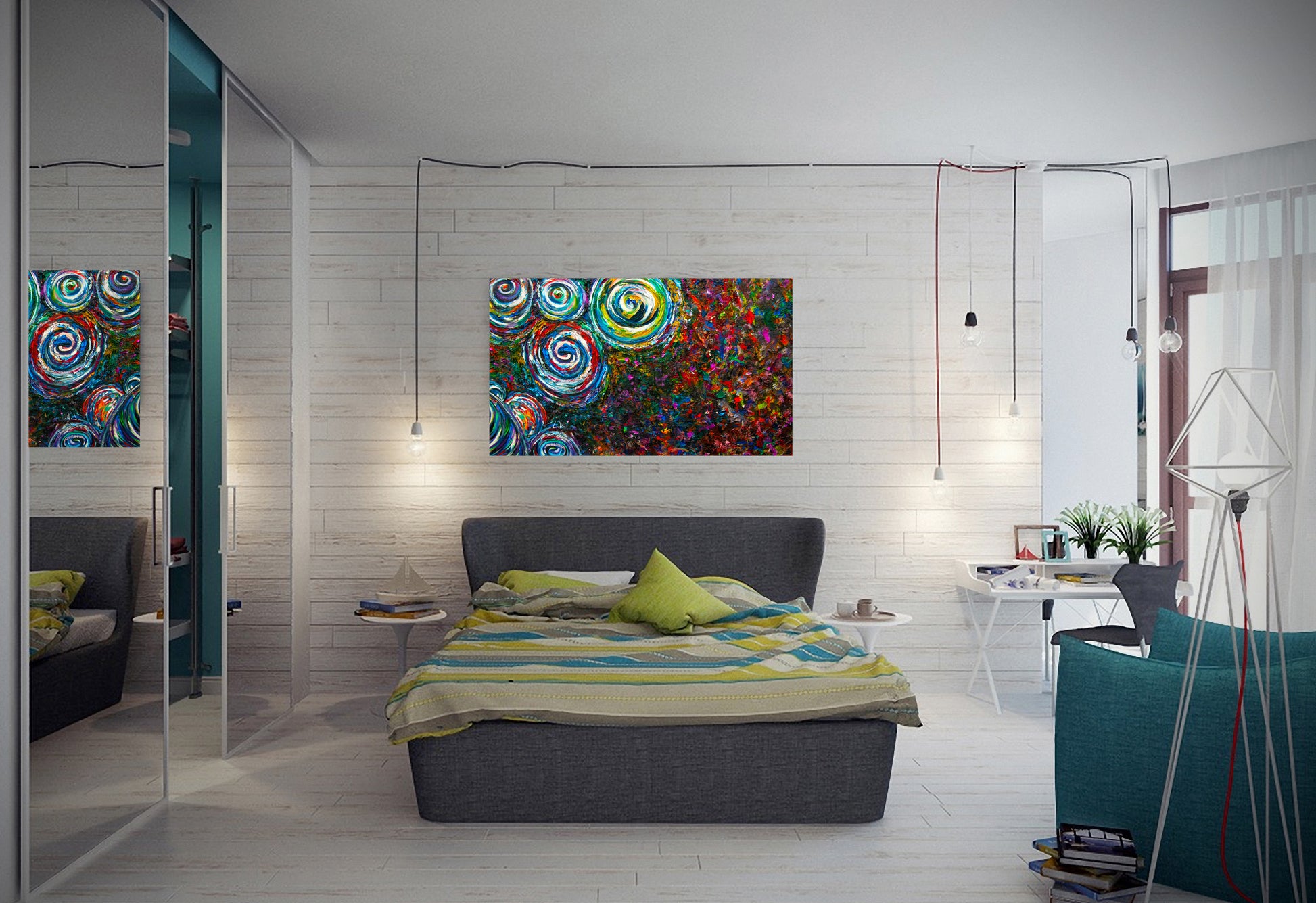 Modern bedroom with colorful abstract art on the wall. Drum Kit by Doug LaRue