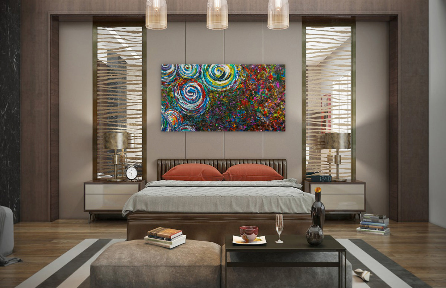 Modern bedroom with a colorful abstract painting on the wall called Drum Kit by Doug LaRue