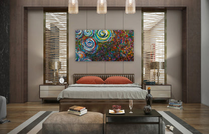 Modern bedroom with a colorful abstract painting on the wall called Drum Kit by Doug LaRue