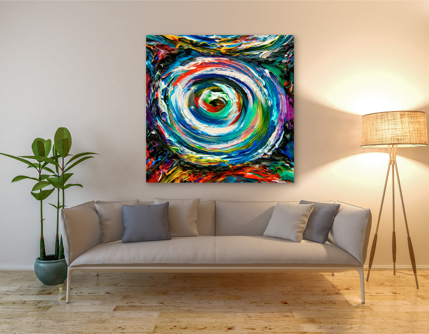 Colorful abstract painting on a wall above a sofa in a living room. Quad Vortex avbstract mixed media art by Doug LaRue