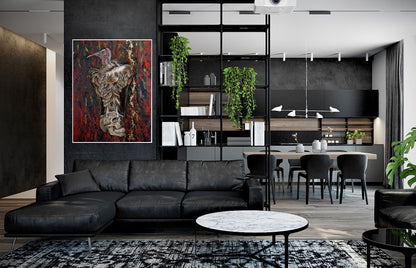 Modern living room with black sectional sofa, round coffee table, and abstract art on the wall. Vulture Skull by Doug LaRue