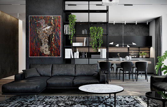 Modern living room with black sectional sofa, round coffee table, and abstract art on the wall. Vulture Skull by Doug LaRue