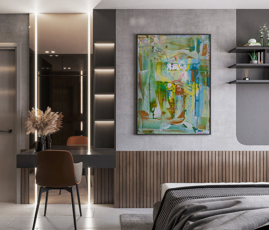bNYC abstract painting buy Doug LaRue on a modern bedroom wall