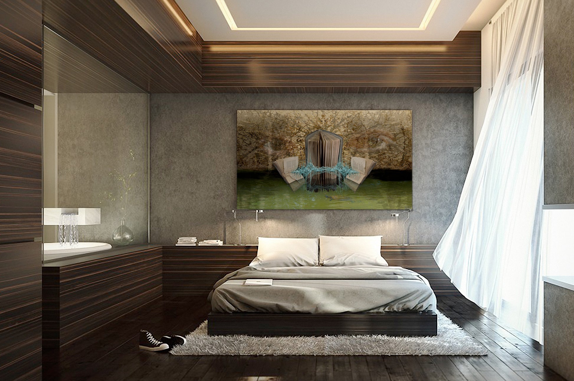 Modern bedroom with a large bed, wall art Weathered Pages art by Doug LaRue