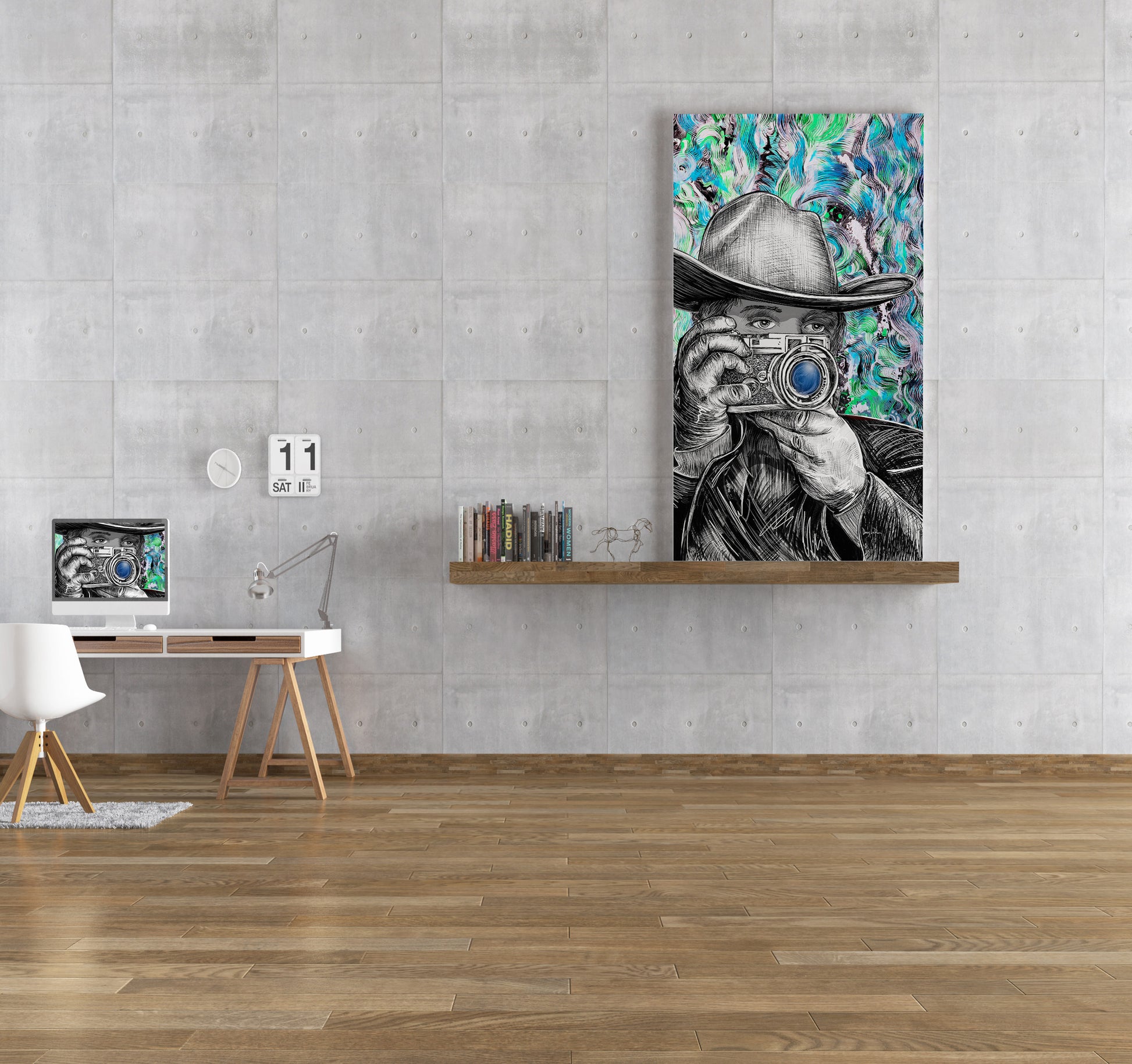 Room interior with a large wall art "Western Rangefinder" mixed media art by Doug LaRue, placed on a shelf against a gray wall.