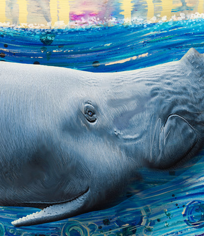 A close-up painted scene of a large gray sperm whale swimming in blue water, with expressive brushstrokes and colorful highlights in the background.