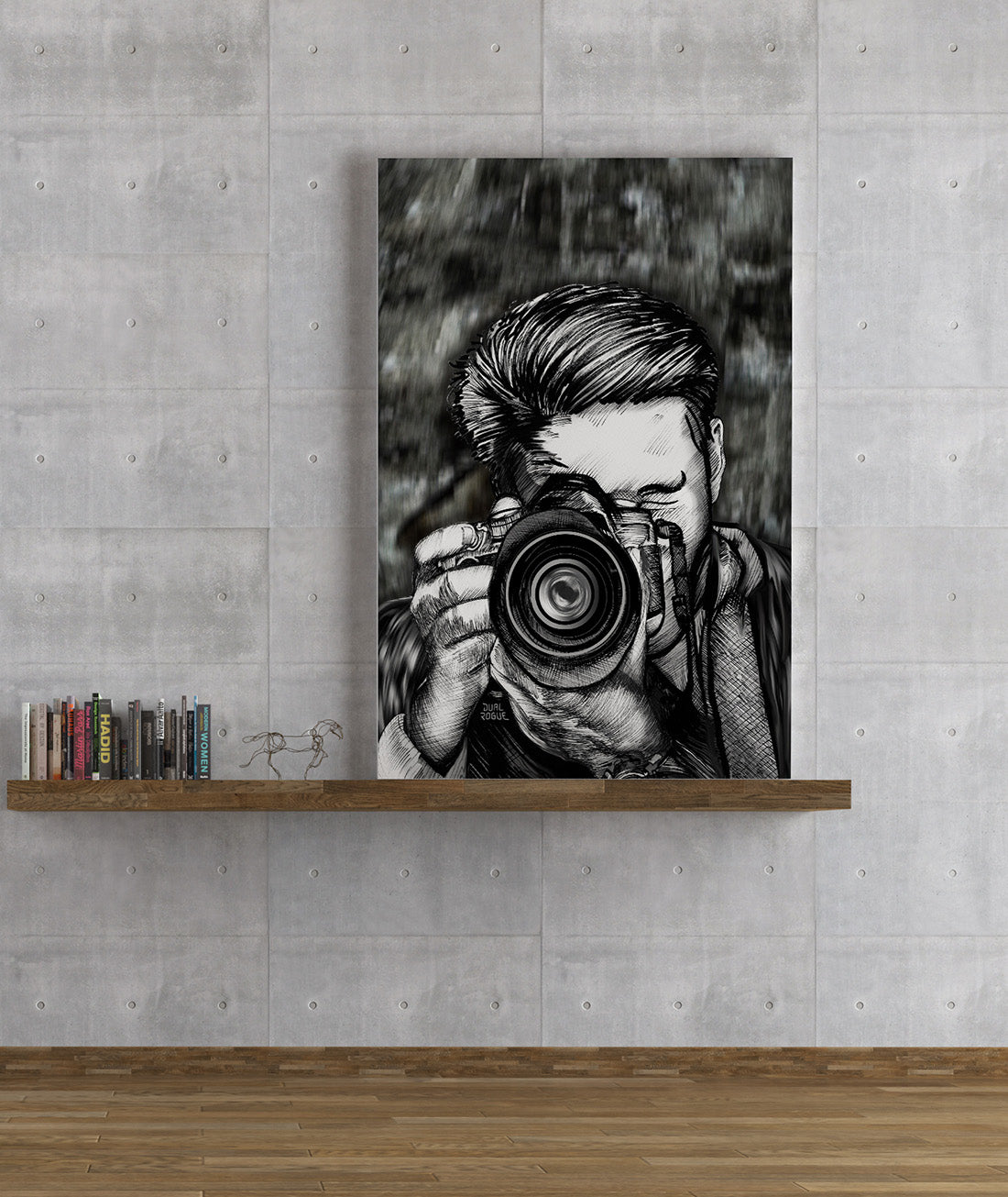 Wide Angle SLR by Dual Rogue metal print sitting on a display shelf