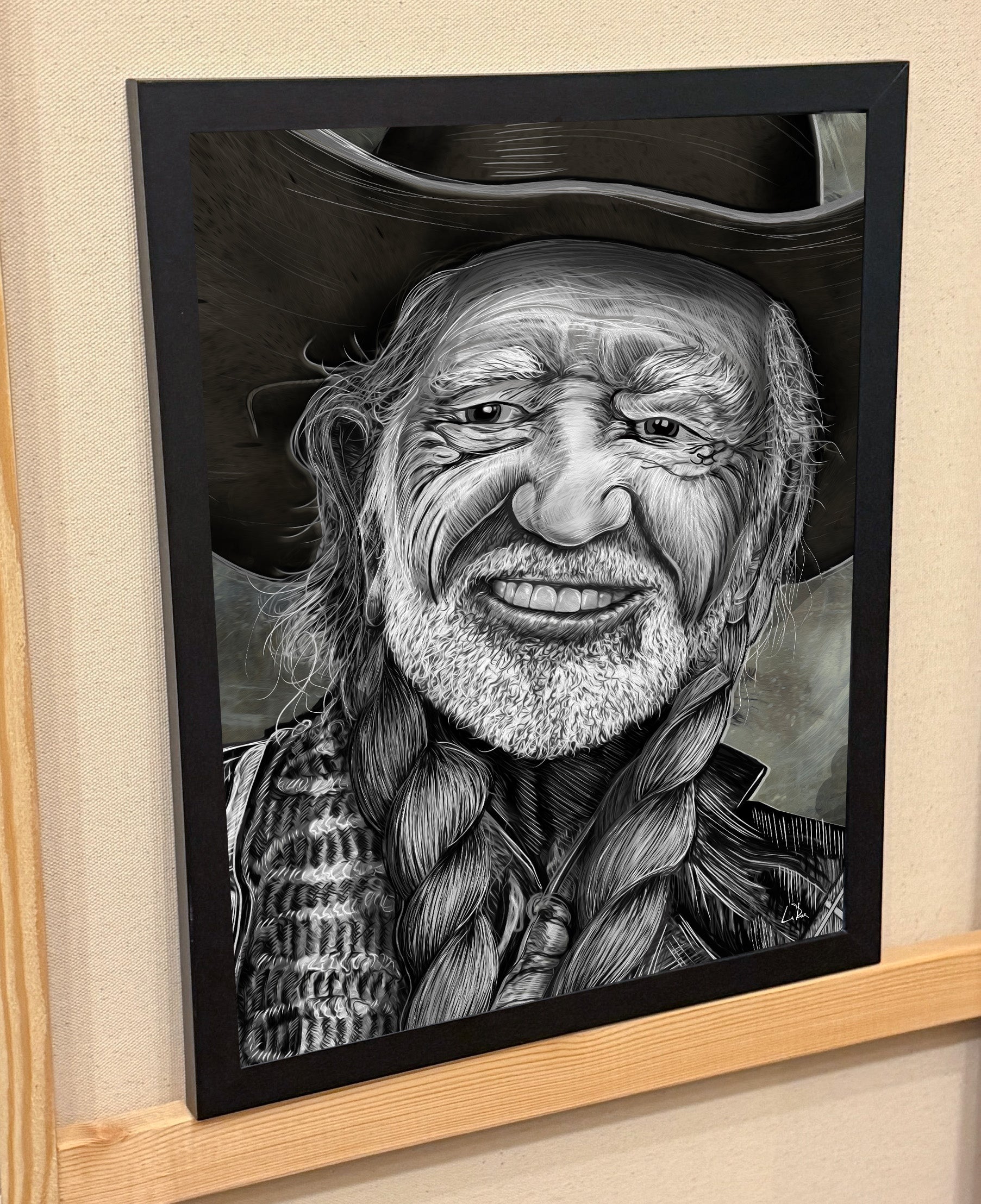 Willie Nelson portrait by Doug LaRue 11x14 wood frame