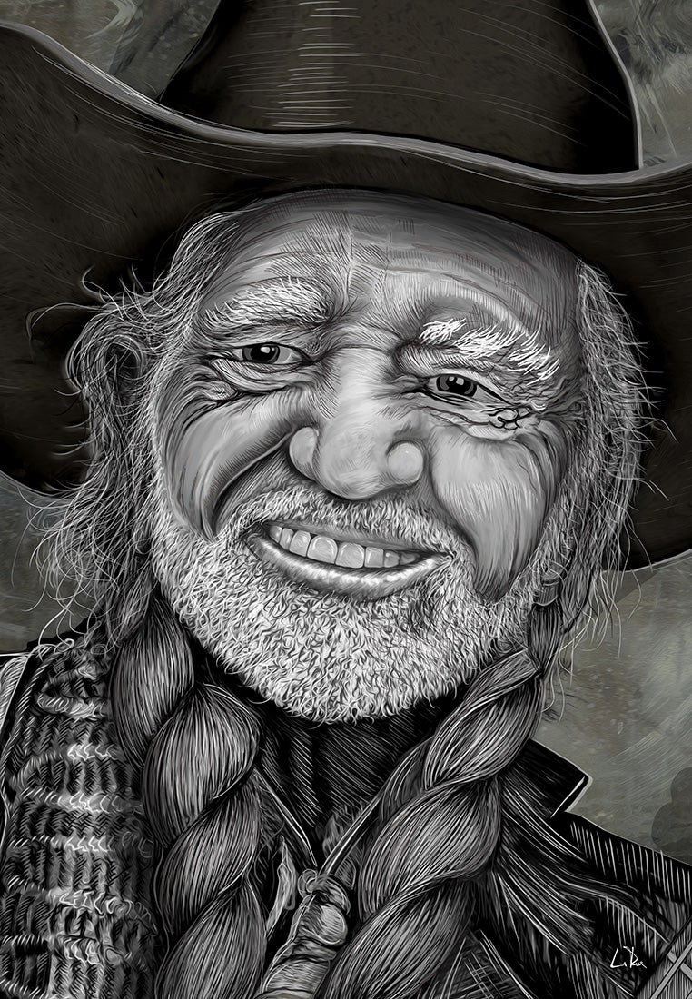 Black and white portrait of Willie Nelson with braided hair and a hat, smiling.